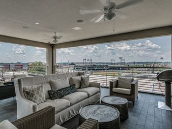 Top floor amenity deck with outdoor seating, tv's, electric grills, & spectacular views of regions field, railroad park, red mountain, & downtown birmingham